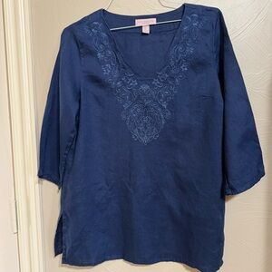Saint Tropez West Navy-Blue Top with Intricate Floral Embroidery on Neckline
